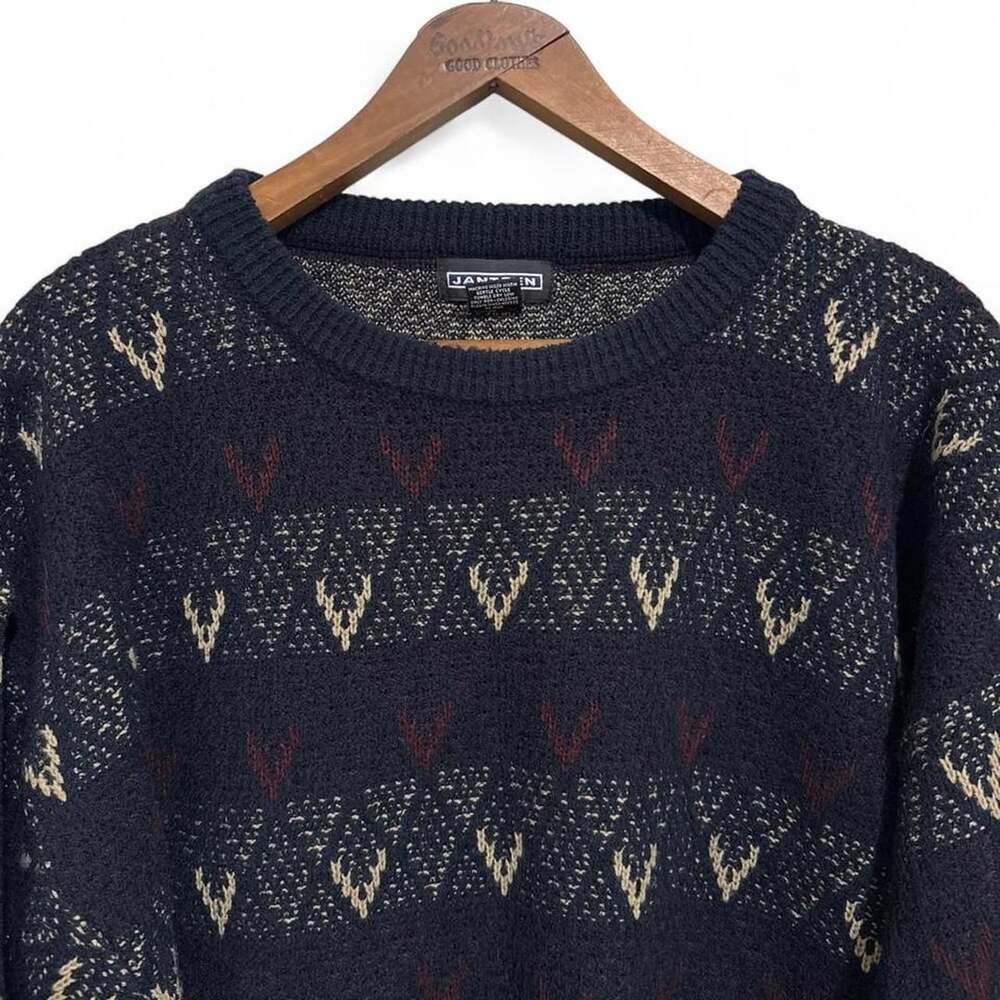 Vintage Jantzen Abstract Pattern Knit Crewneck Sweater Navy Blue XL